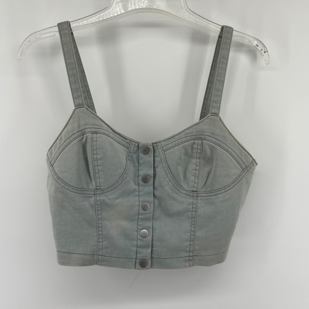 Forever 21 Blue Grey Denim Bustier Crop Top Snap Front Smocked Back Medium Y2K‎